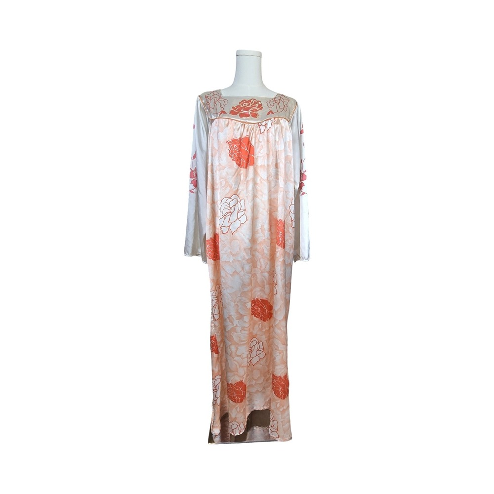 Chic Lady Vintage 70s Nightgown Pink White Floral Satin Long Sleeve Maxi MuuMuu